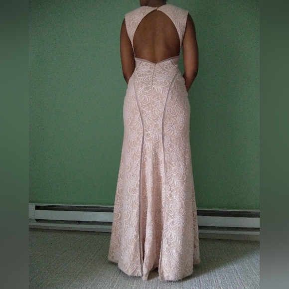 Women's Aqua beige illusion inset lace gown - Picture 3 of 14